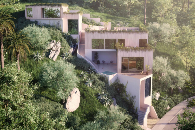 architectural rendering of a four story modern hillside home in silver lake