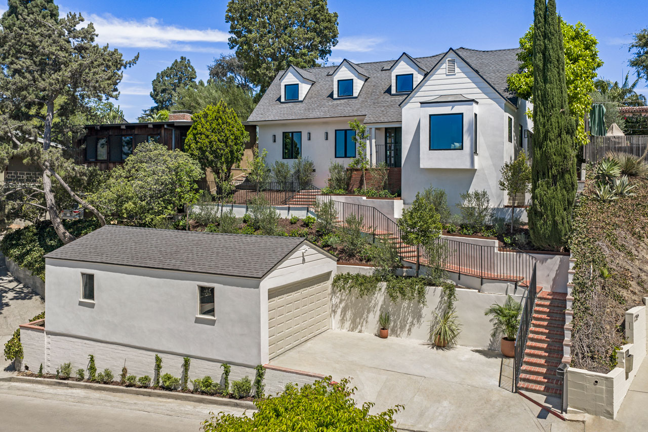 2536 Micheltorena St Silver Lake Moreno Highlands Home for Sale Tracy Do Real Estate, exterior of a traditional two story home with garage, painted white with black roof cypress tree and brick details