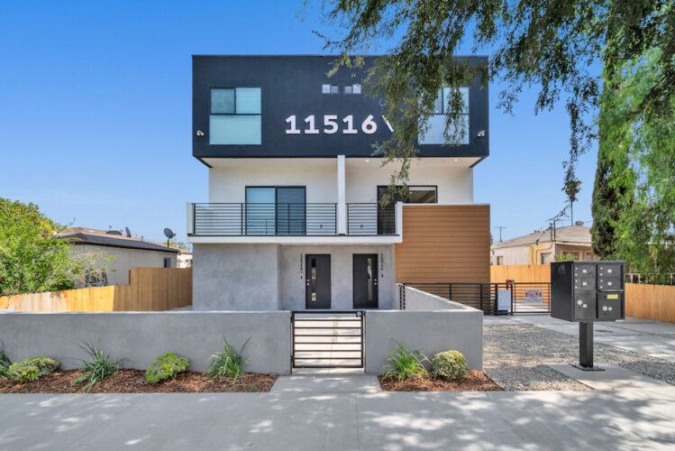 11516 Victory Blvd, North Hollywood CA 91606 image of a three story small lot single family home with concrete, white, wood, and dark grey accents