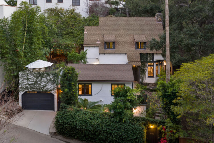 5746 Cazaux Dr Los Angeles, CA 90068 exterior of a two story storybook style home painted white with dark grey trim